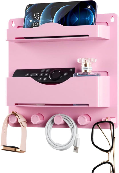 Bedside Wall Shelf with Glasses Hooks, Adhesive Bedside Organizer Wall Mount for Dorm and Room Accessories Phone，Remote，Earphone， Kindle (White)