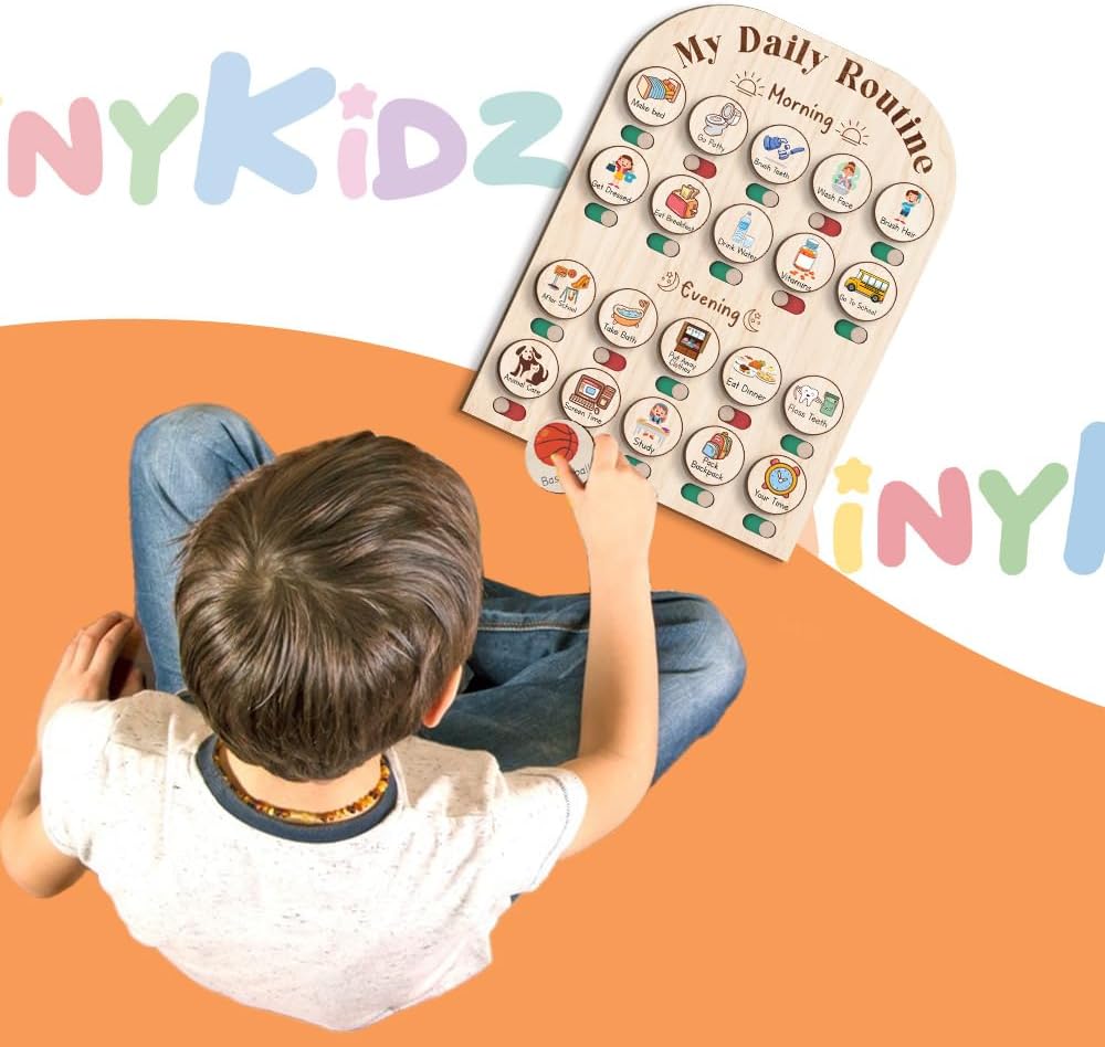 TinyKidz Wooden Daily Routine Chart 11x15, Schedule Board for Kids, Wooden Chore Chart for Kids, Responsibilities Chart for Toddlers, Morning Bedtime Routine for Toddlers