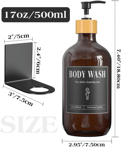 Luxspire 17oz Shampoo and Conditioner Dispenser 3 Sets for Bathroom, Black | Matte PET bottle, no-drill stainless bracket, detachable pump, dual wall/counter install with classification stickers