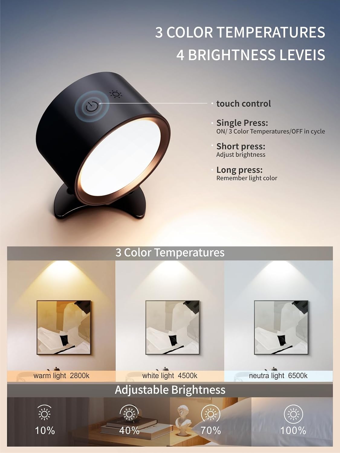 LANMEL LED Wall Mounted Lights,360° Rotating Rechargeable Wall Sconce Lamp | Gold,3CCT,Dimmable,with Remote & Touch Control,USB Wireless Wall Lamp, Suitable for Study,Bedroom,and Bedside Reading