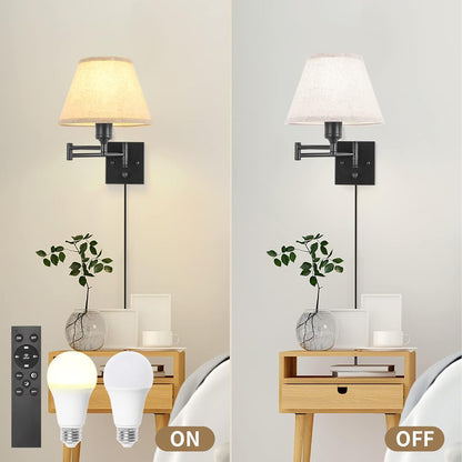 TRLIFE Wall Sconce Plug in, Dimmable Wall Sconces Set of Two Swing Arm Wall Lights with Plug in Cord and On/Off Dimmer Rotary Switch, 9.4" Medium Beige Fabric Shade(2 Pack, 2 Bulbs)