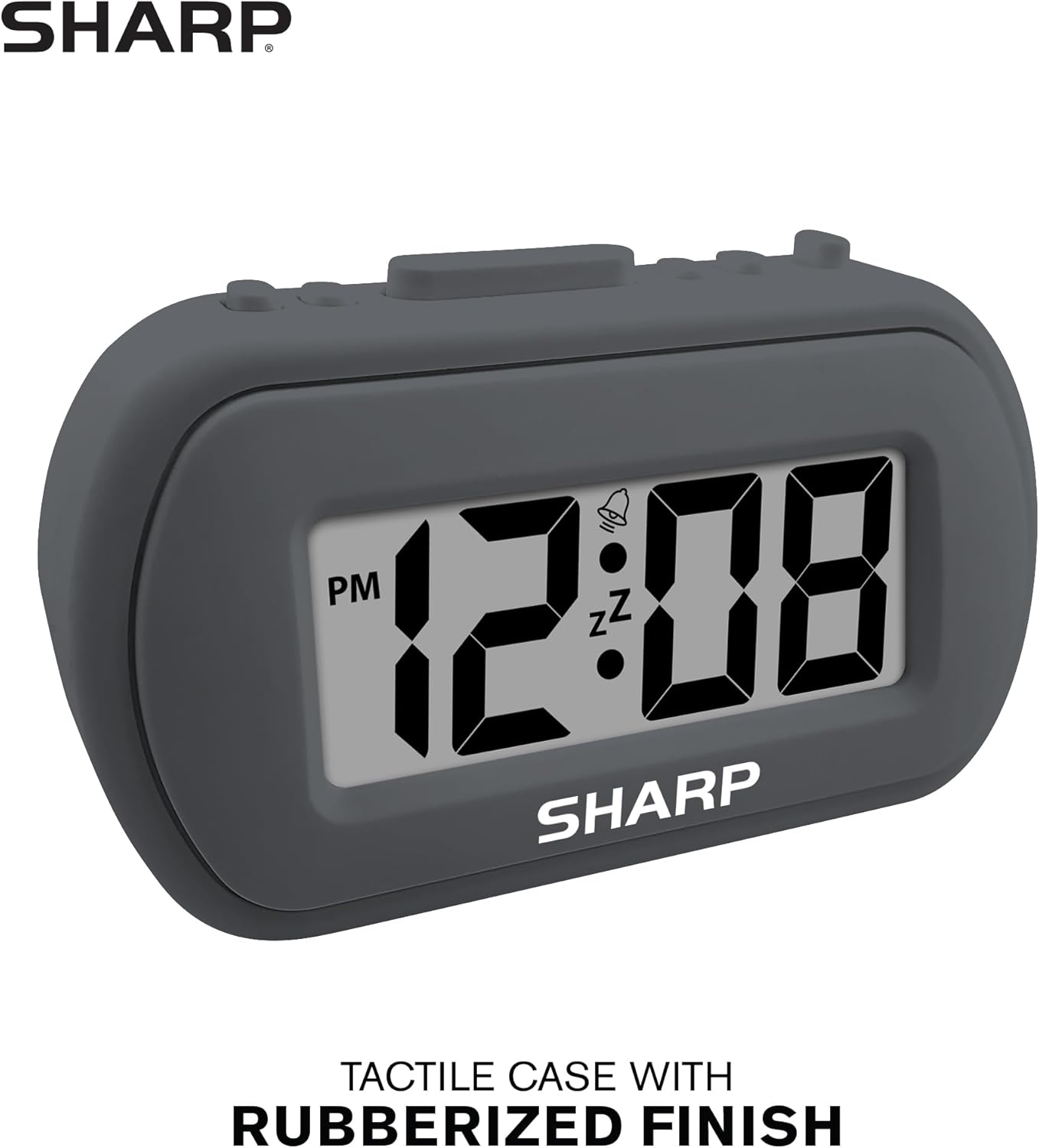 Sharp Battery Alarm Clock, Soft-Touch Case and Backlight, Charcoal Black | Soft-touch rubberized case; Battery operated; Blue backlight on demand; Ascending alarm; Snooze; Easy to use