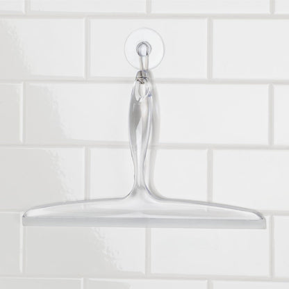 iDesign Plastic Bath Squeegee for Glass with Suction Hook Holder – 12", Clear