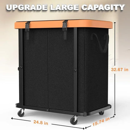 Laundry Hamper with Wheels,150L Leather Patchwork Clothes Hamper Black | Rolling Laundry Basket with Sturdy Metal Frame, Removable Washable Bag,Tall Clothes Sorter for Bedroom, Laundry Room, Dorm