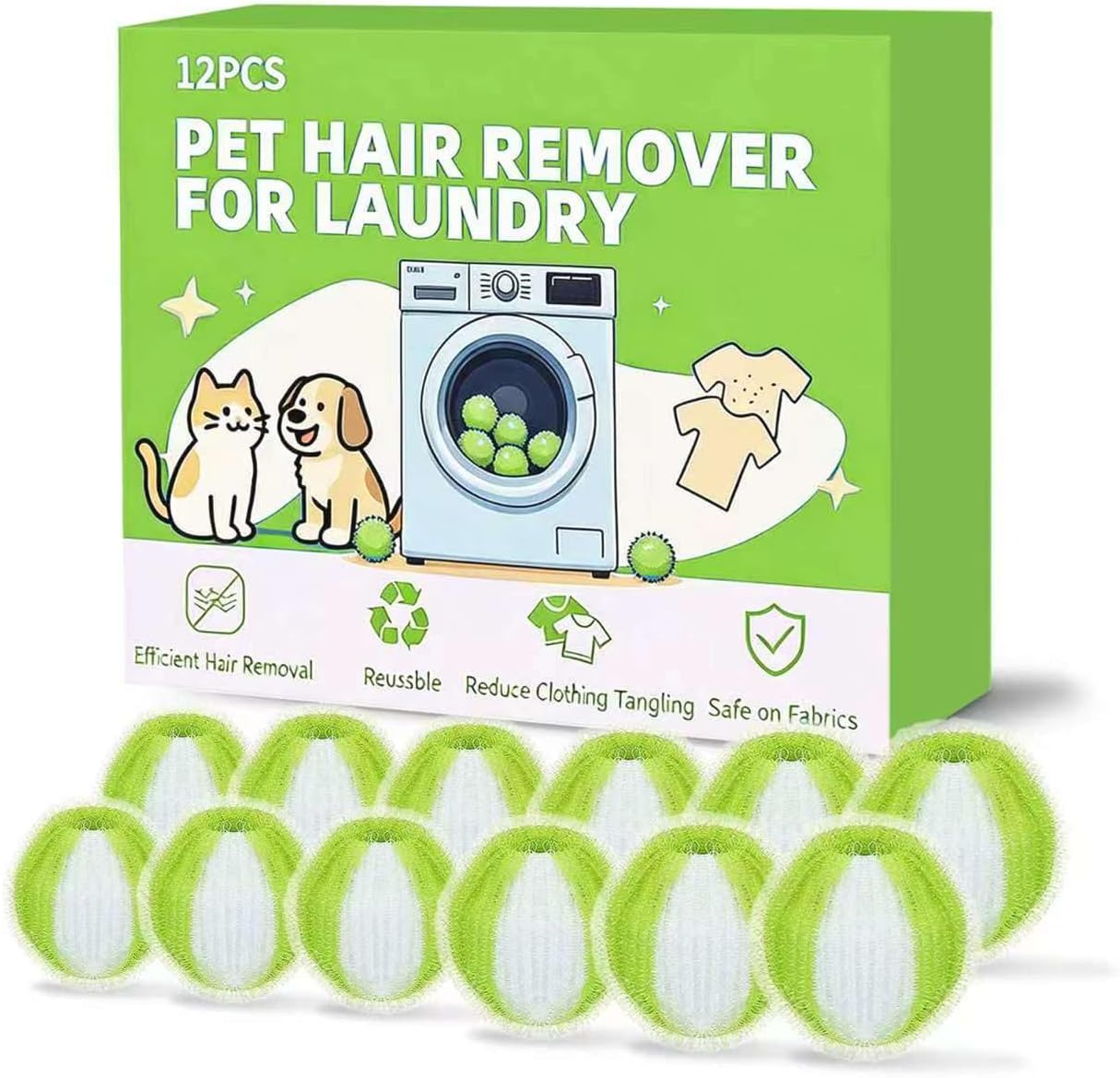 12 Pack Pet Hair Remover for Laundry, Reusable Hair Catcher Balls (Green) | Dog & Cat Hair Remover for Washer & Dryer, Anti-Tangle Laundry Balls, Removes Lint & Fur from Clothes, Bedding & Blankets
