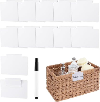 13Pcs White Clip-On Basket Labels Set with Chalk Marker, Reusable Pantry Bin Labels for Kitchen, Closet & Storage Organization