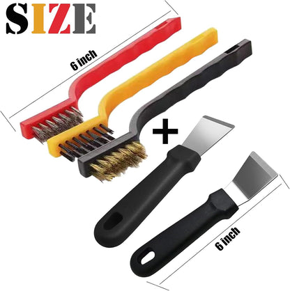5Pcs Kitchen Stove Cleaning Brush + Scraper Tool Set, Brass, Stainless Steel and Nylon Brush Head Brushes for Range Hood Grease Grime, Heavy Duty Scraper for Gas Burners Cooktop Pot Pan