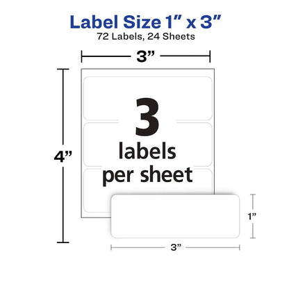 Avery® Multi-Use Removable Labels, 1" x 3", White, Non-Printable, 72 Blank Labels Total (6728)