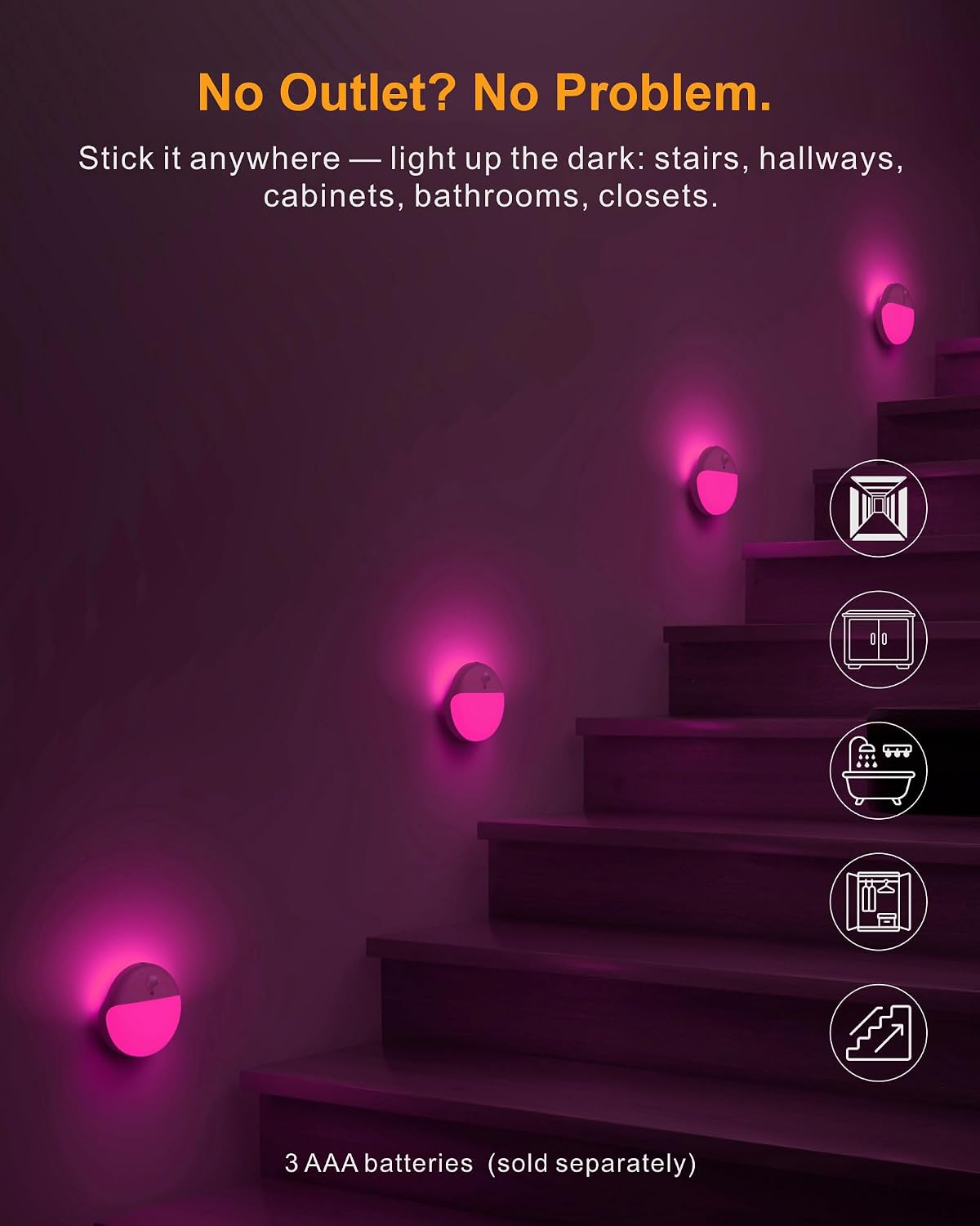 Small Motion Sensor Amber Night Light Battery Operated, Toilet Light | 2 Pack, 3 Modes, Dimmable 1-15lm, Dim Light Soft Glow, No Plug, Wireless Stick on Light for Bedroom, Sleep, Bathroom, Kids