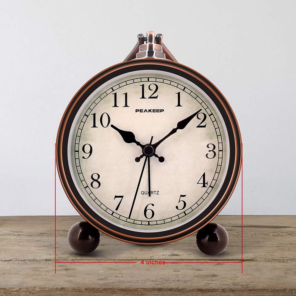Peakeep 4" Small Battery Operated Antique Retro Analog Alarm Clock | with Contour Lines in Gold for Room Decor, Silent Elegant Bedside Desk Table Gift Clock