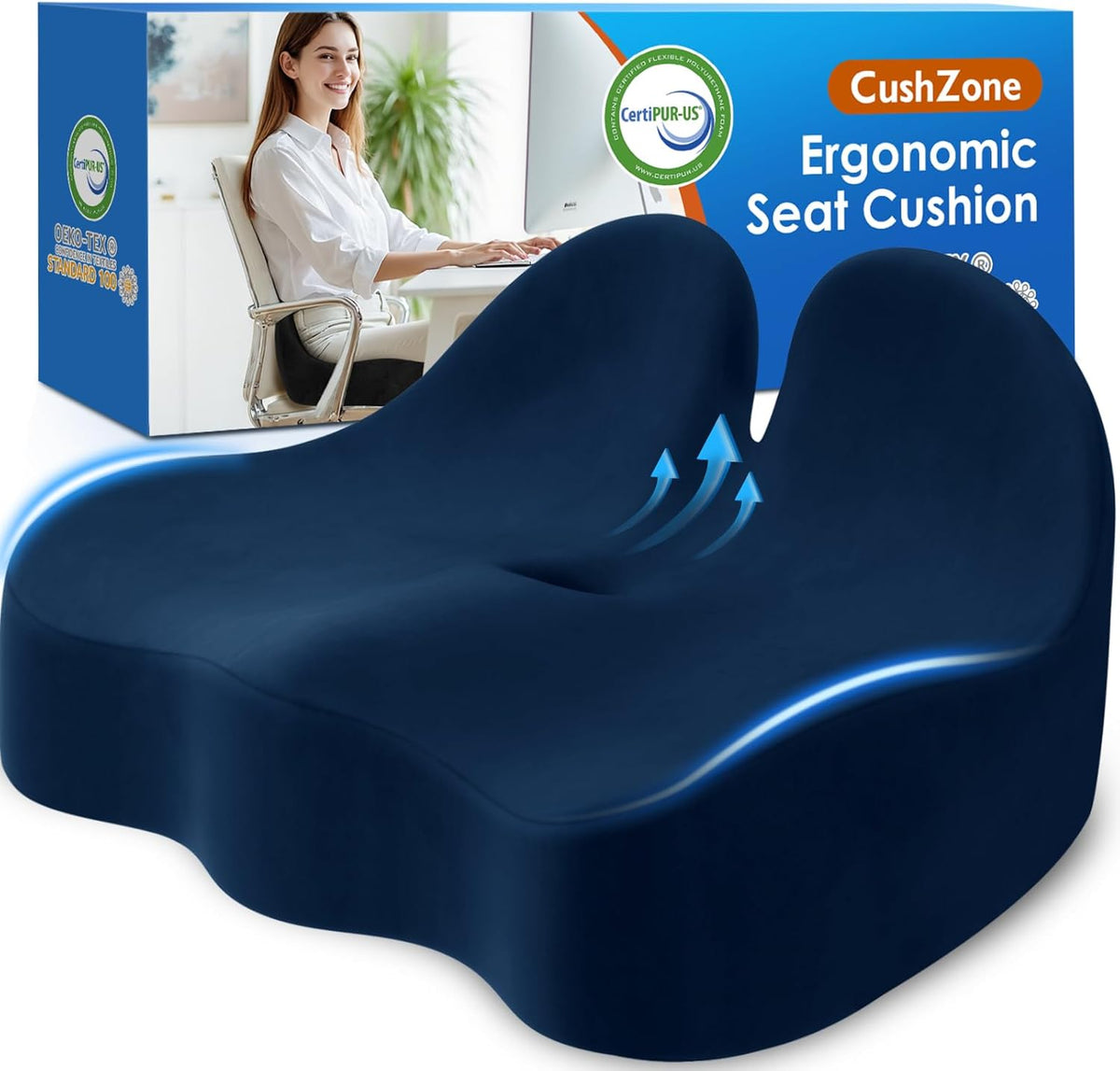 CushZone Ergonomic Seat Cushion, Sciatica Support for Office Chair, Black
