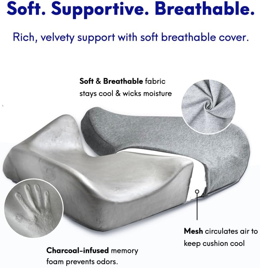 C CUSHION LAB Patented Pressure Relief Seat Cushion for Long Sitting Hours on Office/Home Chair, Car, Wheelchair - Extra-Dense Memory Foam for Hip, Tailbone, Coccyx, Sciatica - Light Grey