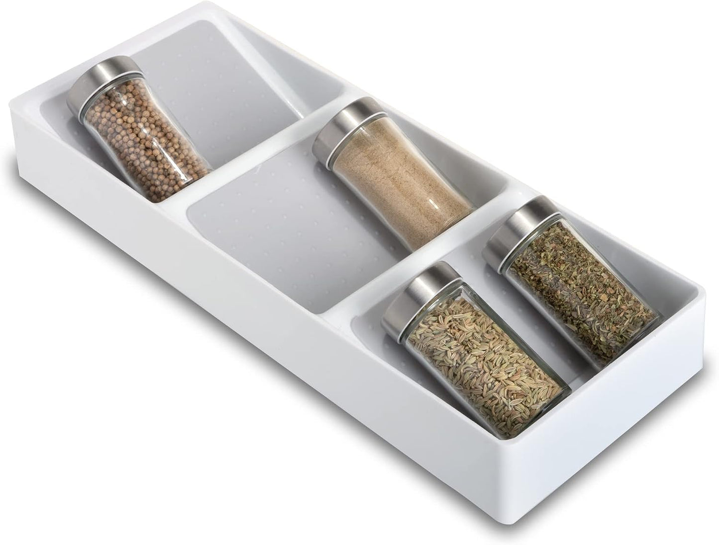 Smart Design 3 Section Plastic Spice Rack Drawer - Non-Slip Lining and Feet - BPA Free - Seasoning Jars, Makeup Storage, Countertop Bottle Tray, 3 Tier - Pantry Kitchen Organizer - White with Gray
