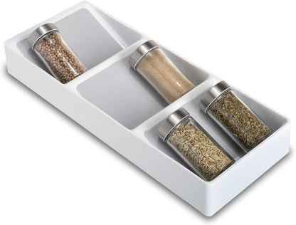Smart Design 3 Section Plastic Spice Rack Drawer - Non-Slip Lining and Feet - BPA Free - Seasoning Jars, Makeup Storage, Countertop Bottle Tray, 3 Tier - Pantry Kitchen Organizer - White with Gray