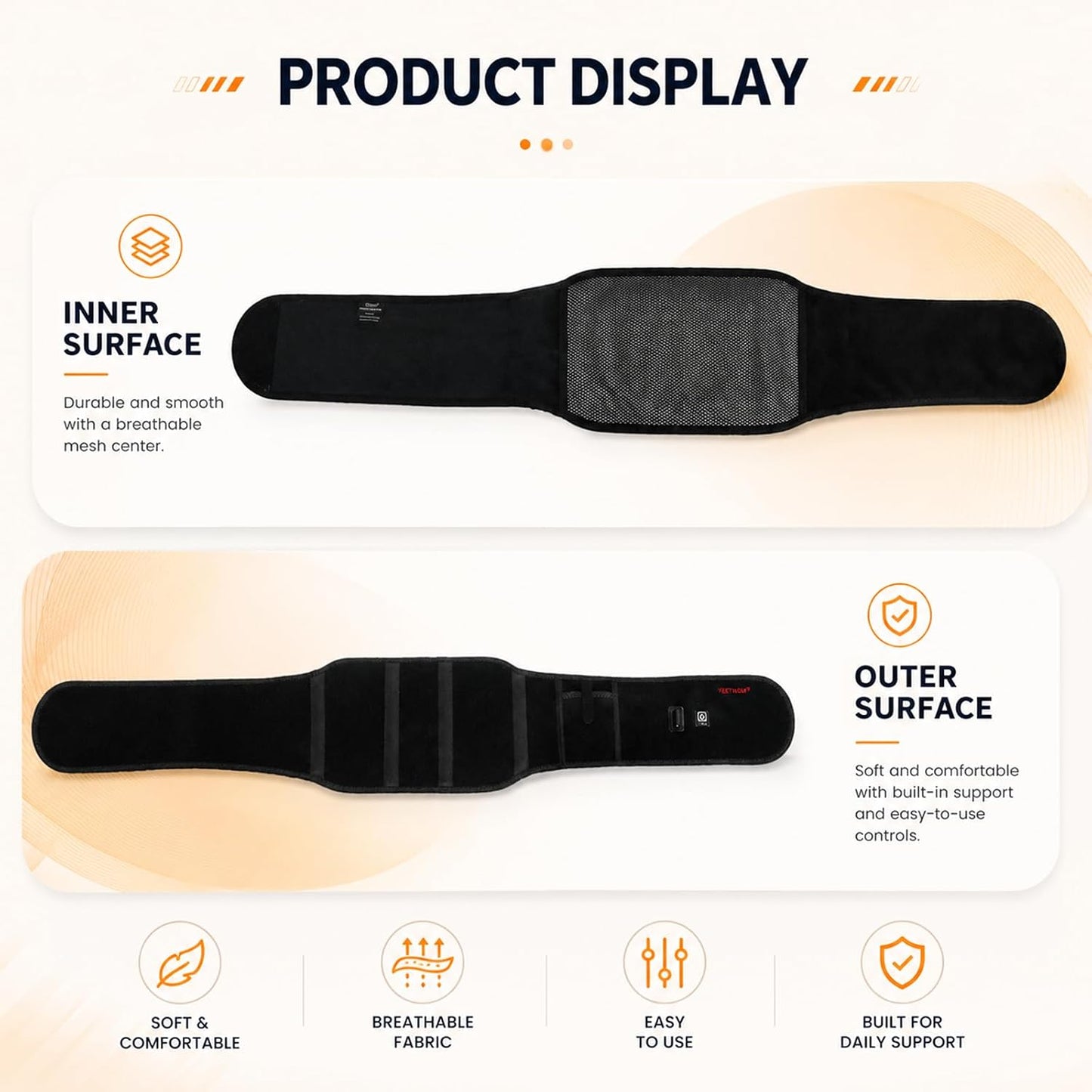 Heated Waist Belt, Cordless Lower Back Heating Pad, Black | Supports both battery-powered and adapter-powered use,Three-level adjustable temperature, rechargeable battery
