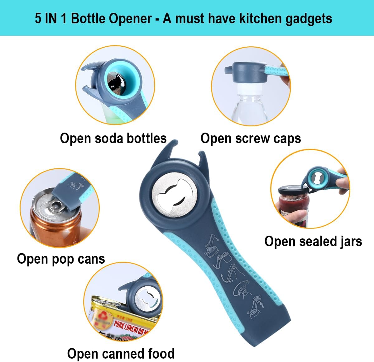 Jar Opener for Weak Hands, Seniors with Arthritis, 5 in 1 Bottle Opener | Multi-use Lid Opener Set with Non-slip Rubber Gripper Pad & Wine Opener, Great for Senior Parents, Grandparents or Loved Ones