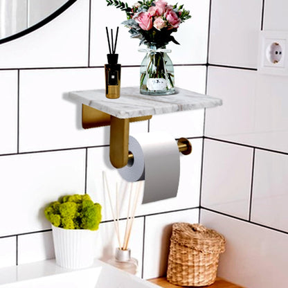 Toilet Paper Holder with Natural Marble Shelf for Bathroom Washroom,Wall Mounted Tissue Holder Suitable for Mega Roll (Brushed Nickel,Small 6.7 * 4.3 in)