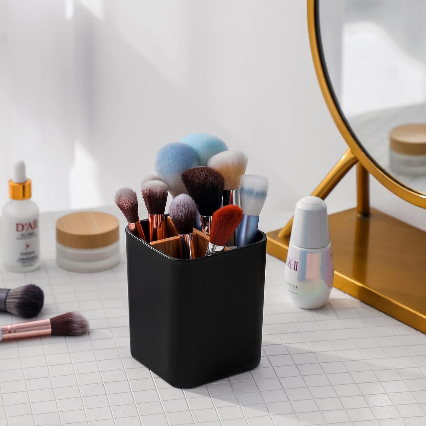 Bamboo Toothbrush Holder for Bathrooms Toothpaste Organizer - Black | Detachable Inserts, 3 Slots, Bathroom Counter Organizer, for Kids Electric Toothbrushes, Floss, Razors