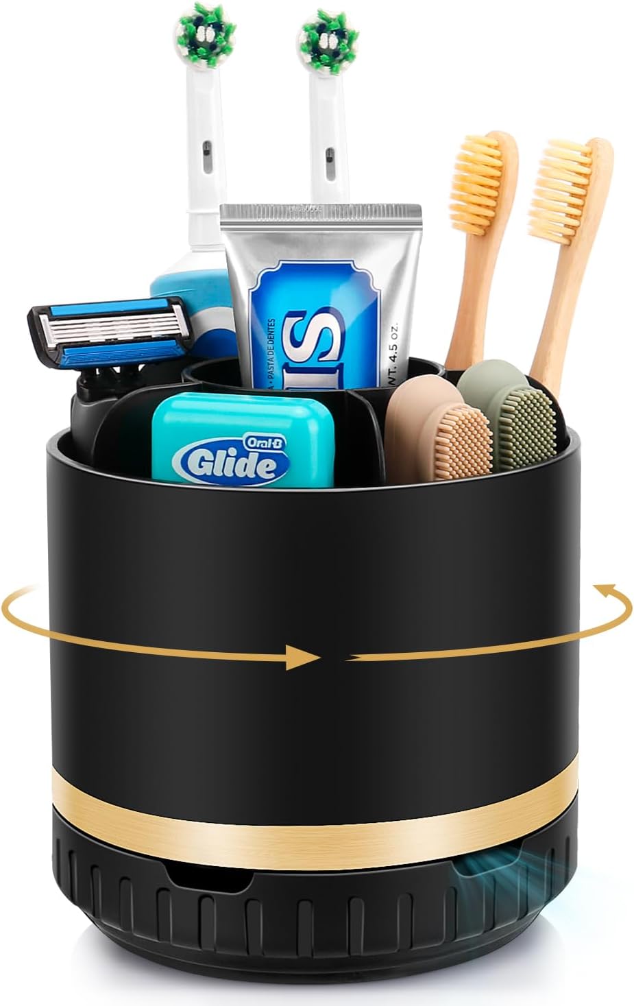 GFWARE Rotating Silver Toothbrush Holder for Bathroom Organizer, Drainage | Detachable 6 Slots Kids Electric Toothbrush and Toothpaste Holder, Bathroom Countertop Sink Storage Caddy