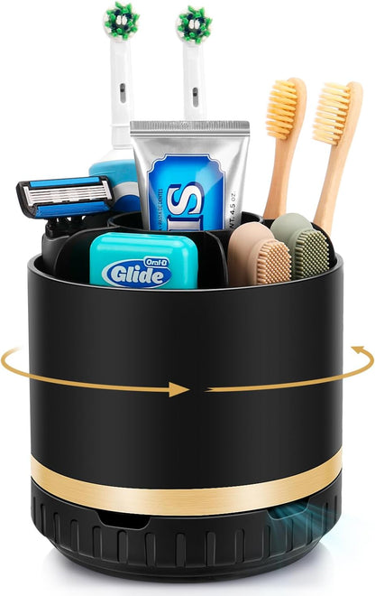 GFWARE Rotating Silver Toothbrush Holder for Bathroom Organizer, Drainage | Detachable 6 Slots Kids Electric Toothbrush and Toothpaste Holder, Bathroom Countertop Sink Storage Caddy