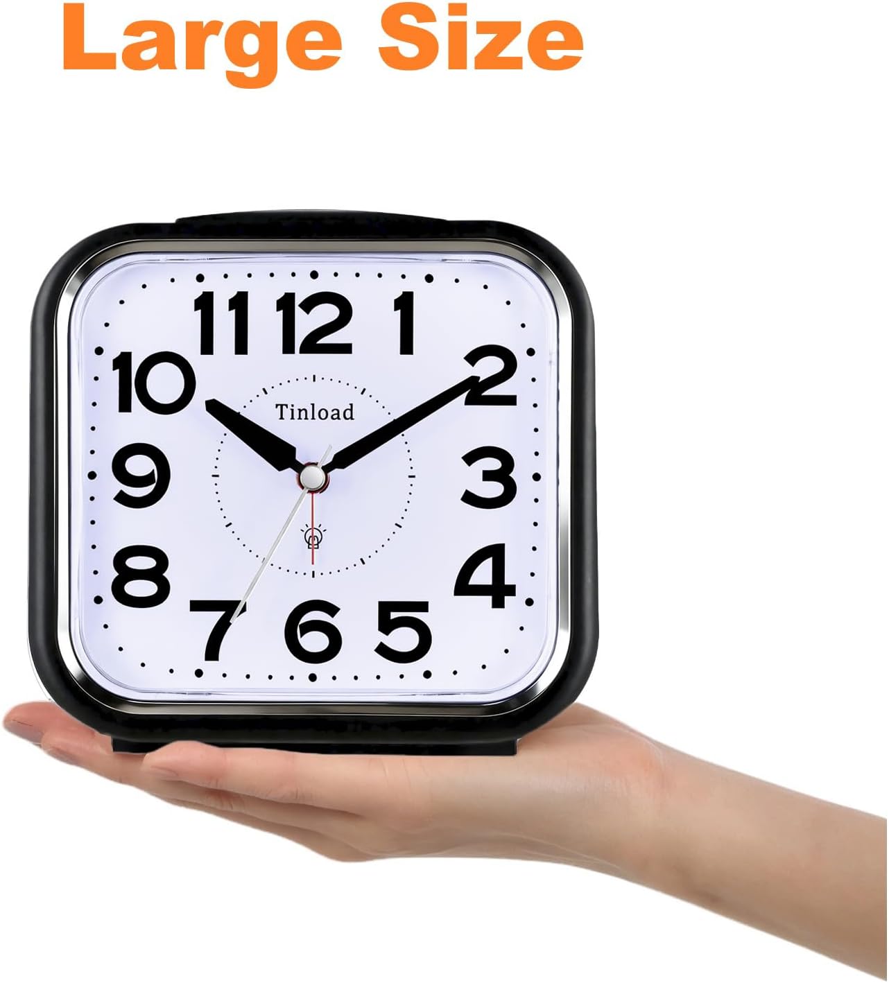 Tinload 5.5" Large No Ticking Analog Alarm Clock,Silent Readable for Seniors,Easy to Set,Gradual Rise Alarm,Big Numbers,Gentle Wake,Snooze, Lighted on Demand,Battery Operated,Black