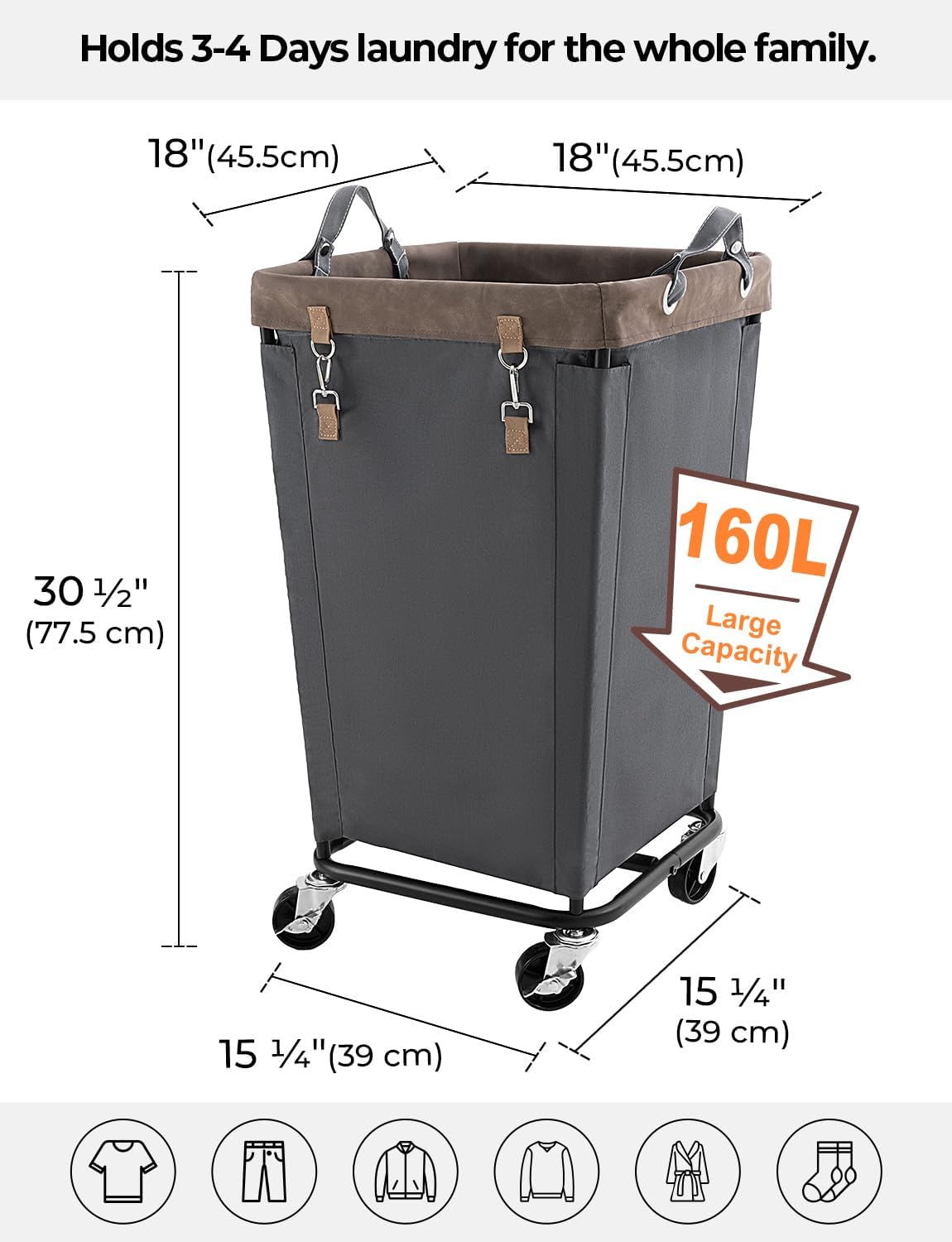 StorageWorks 160L Laundry Basket with Wheels, Rolling Hampers for Clothing | Beige Laundry Basket with Wheels, Metal Frame & Handles, Rolling Hamper for Bedroom, Bathroom, Dorm, Hotel