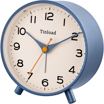 Tinload 4.5" Battery Operated Analog Alarm Clock, Small Silent Bedside Desk Clock with Night Light, Blue