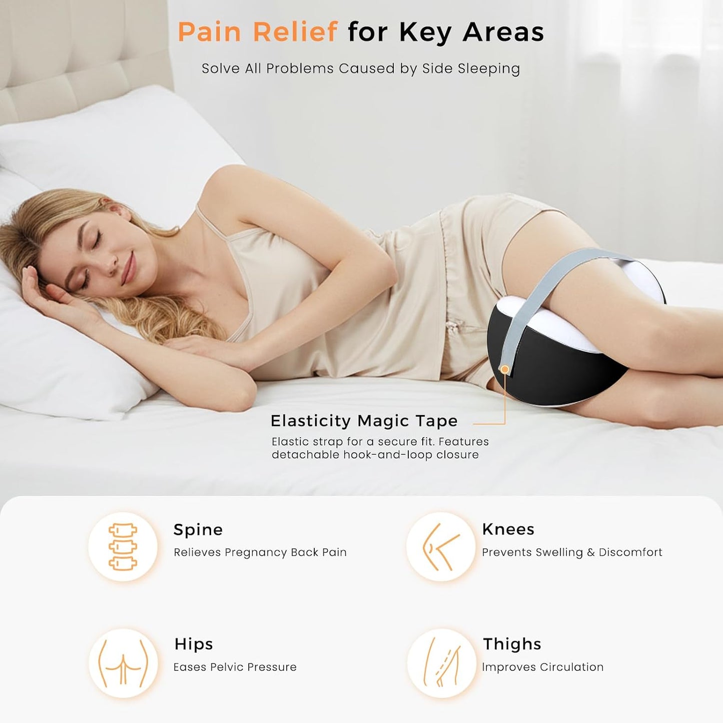 Knee Pillow for Side Sleepers, Leg Pillow with Adjustable Hook & Loop Strap & Removable Washable Cover for Spine Alignment, Sciatica, Hip & Back Pain Relief
