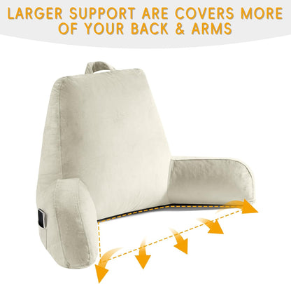 OAISZ Reading Pillow for Sitting in Bed with Shredded Memory Foam, Grey | 19-Inch Back Pillow for Sitting Up in Bed, Extended Arms, Side Pockets, Supportive Adjustable Pillow Removable Washable Cover