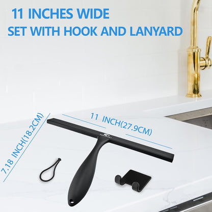 Shower Squeegee for Shower Doors with Bold Handle, 11" Anti-Rust Silicone Shower Squeegee for Shower Glass Door with Stainless Steel Inner Frame, Ergonomics All-Purpose Window Squeegee-Black