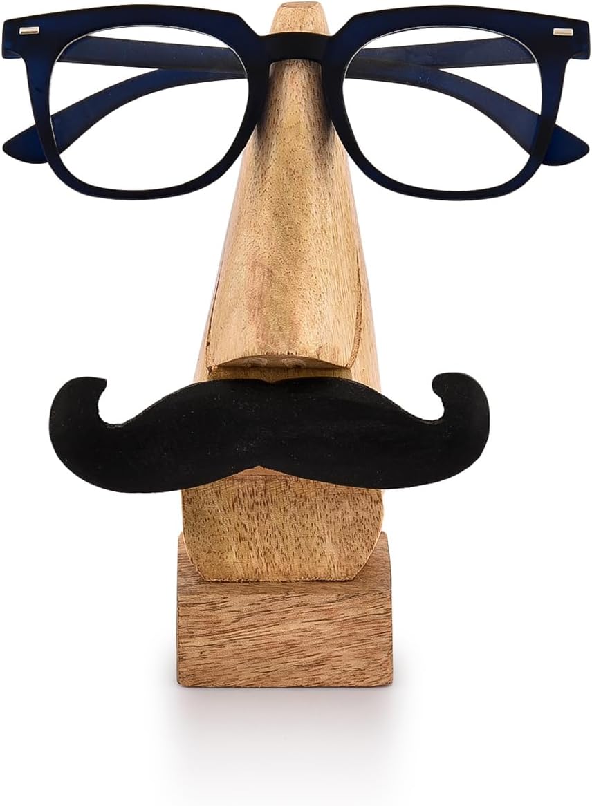 Display Stand Handmade Wooden Nose Shaped Spectacle Specs Eyeglass Holder Stand with Mustache (2" x 2" x 6")