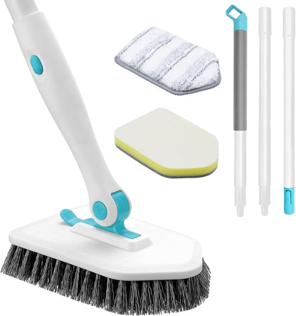 nacena Shower Scrubber with Long Handle, 4 in 1 Tile Tub Scrubber Brush with 3 Detachable Cleaning Heads and V-Shaped Grout Brush Shower Cleaner Brush for Bathroom Kitchen Toilet Tub Sink Wall, Black