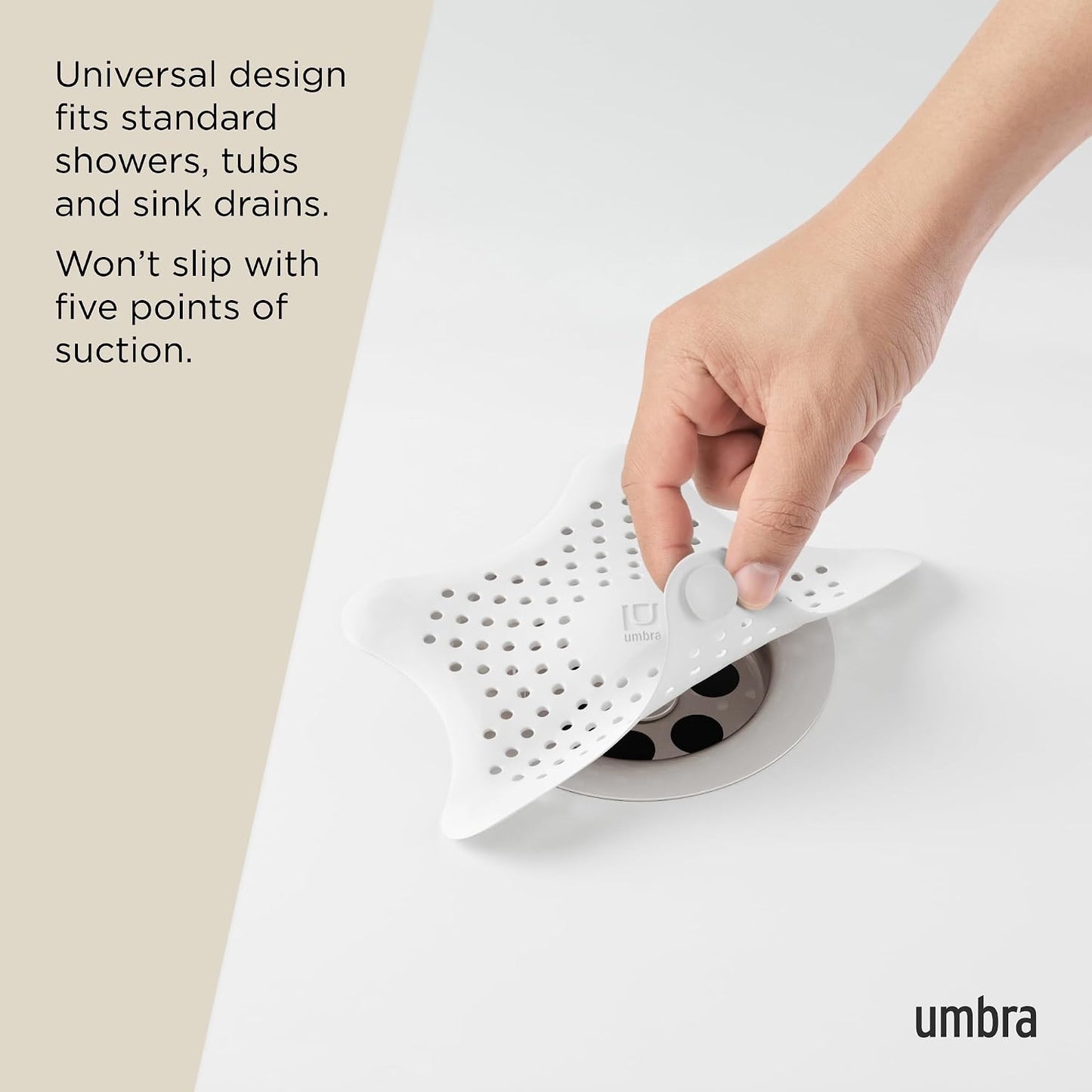 Umbra Starfish Hair Catcher, Suction Cup Drain Cover, 6-Inch, White | Silicone material, flexible and durable, water resistant seal, easy to clean, rust proof, fits standard tubs