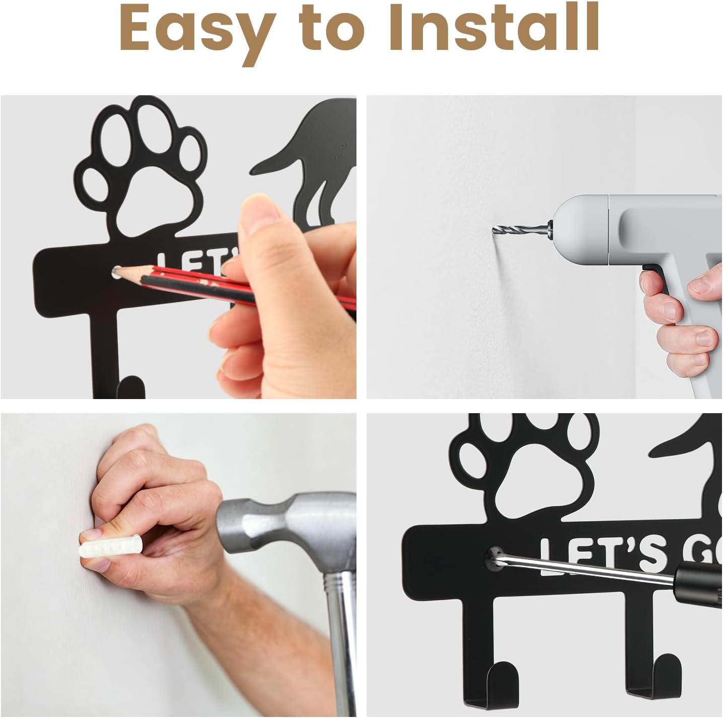 Dog Leash Holder for Wall, Key Holder with 5 Metal Hooks, Let's Go for A Walk Pet Leash & Collar Organizer, Screw Mounted Wall Rack for Entryway, Garage, Mudroom & Hallway