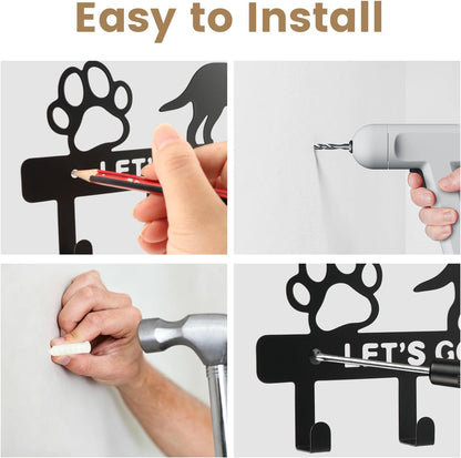 Dog Leash Holder for Wall, Key Holder with 5 Metal Hooks, Let's Go for A Walk Pet Leash & Collar Organizer, Screw Mounted Wall Rack for Entryway, Garage, Mudroom & Hallway