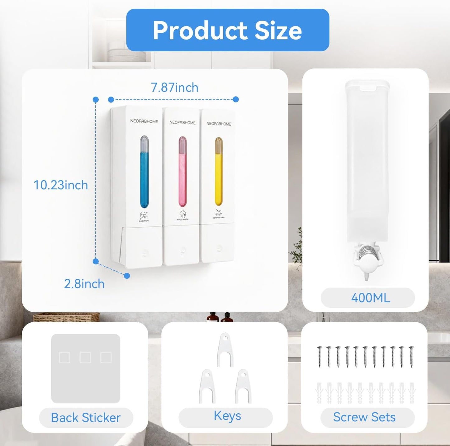 Shower Soap Dispenser Bathroom Accessories Set Wall Mounted No Drill | 3 Chamber Body Wash Shampoo and Conditioner Dispenser 1200ml Shampoo Bottles Holder Refillable with Pump for Hotel RV Laundry