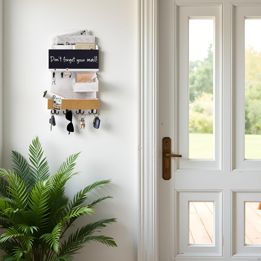 Key Holder for Wall Mount with Shelf and Mail Organizer, Key and Mail Holder with 16 Hooks, Farmhouse Entryway Organizer, Home Decor Rack (Pine Wood, White Washed)
