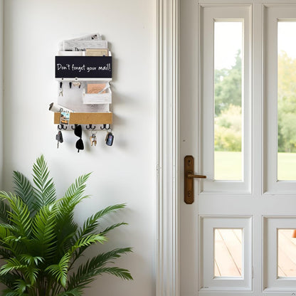 Key Holder for Wall Mount with Shelf and Mail Organizer, Key and Mail Holder with 16 Hooks, Farmhouse Entryway Organizer, Home Decor Rack (Pine Wood, White Washed)