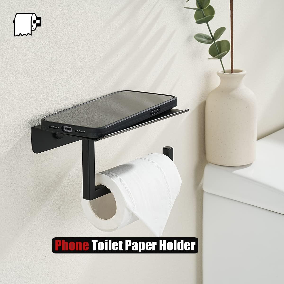 JQK Toilet Paper Holder Shelf, Bathroom Tissue Roll Holder with Phone Shelf, 5 Inch 304 Stainless Steel Tissue Paper Dispenser, Matte Black Wall Mount, TPH202-PB