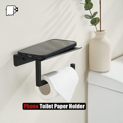 JQK Toilet Paper Holder Shelf, Bathroom Tissue Roll Holder with Phone Shelf, 5 Inch 304 Stainless Steel Tissue Paper Dispenser, Matte Black Wall Mount, TPH202-PB