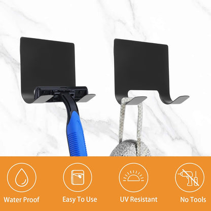 MOROBOR 4 Pcs Shower Squeegee Adhesive Hook, All-Purpose Scraper Holders Towel Hooks Stainless Steel Waterproof Storage Hook Bath Accessories for Kitchen & Bathroom（Black）