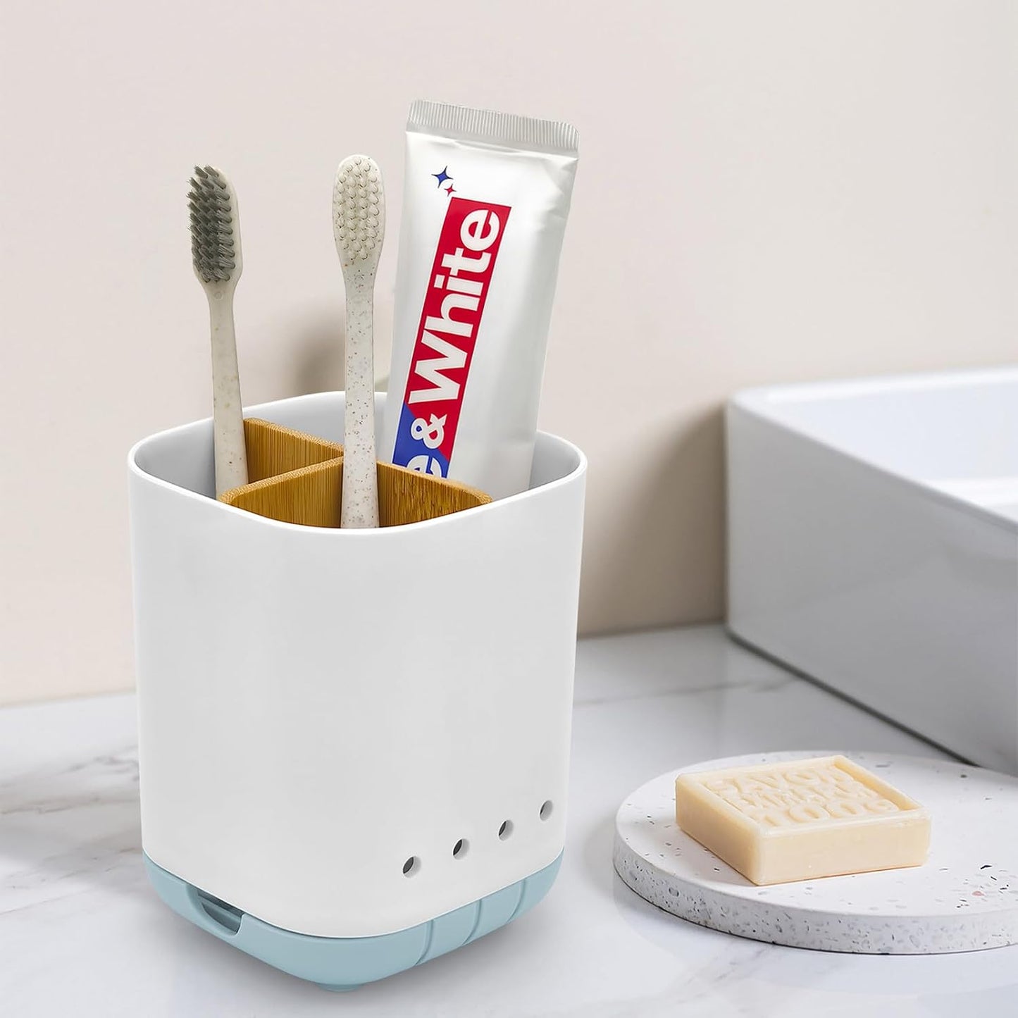 Toothbrush Holder with Bamboo Divider,Detachable for Easy Cleaning Bathroom Countertop Organizer,Plastic 3 Slots Electric Toothbrush and Toothpaste Holders Storage Caddy for Bathroom Vanity,Sink(Grey)