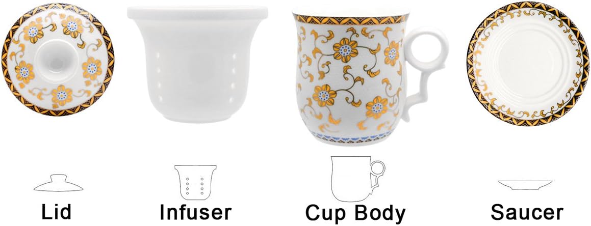 Porcelain Tea Cup with Infuser Lid and Saucer Sets - Chinese Jingdezhen Ceramics Coffee Mug Teacup Loose Leaf Tea Brewing System for Home Office
