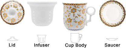 Porcelain Tea Cup with Infuser Lid and Saucer Sets - Chinese Jingdezhen Ceramics Coffee Mug Teacup Loose Leaf Tea Brewing System for Home Office