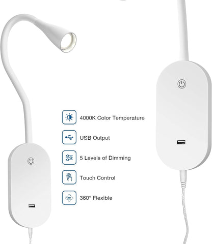 Wall Mount Reading Light, Focused Book Light for Reading in Bed, 5 Dimming, USB Output, 4 Hours Auto Off, Touch Control, Flexible Gooseneck Headboard Reading Lamp, Easy to Install White | Focused bedside light with touch dimming, flexible gooseneck, USB