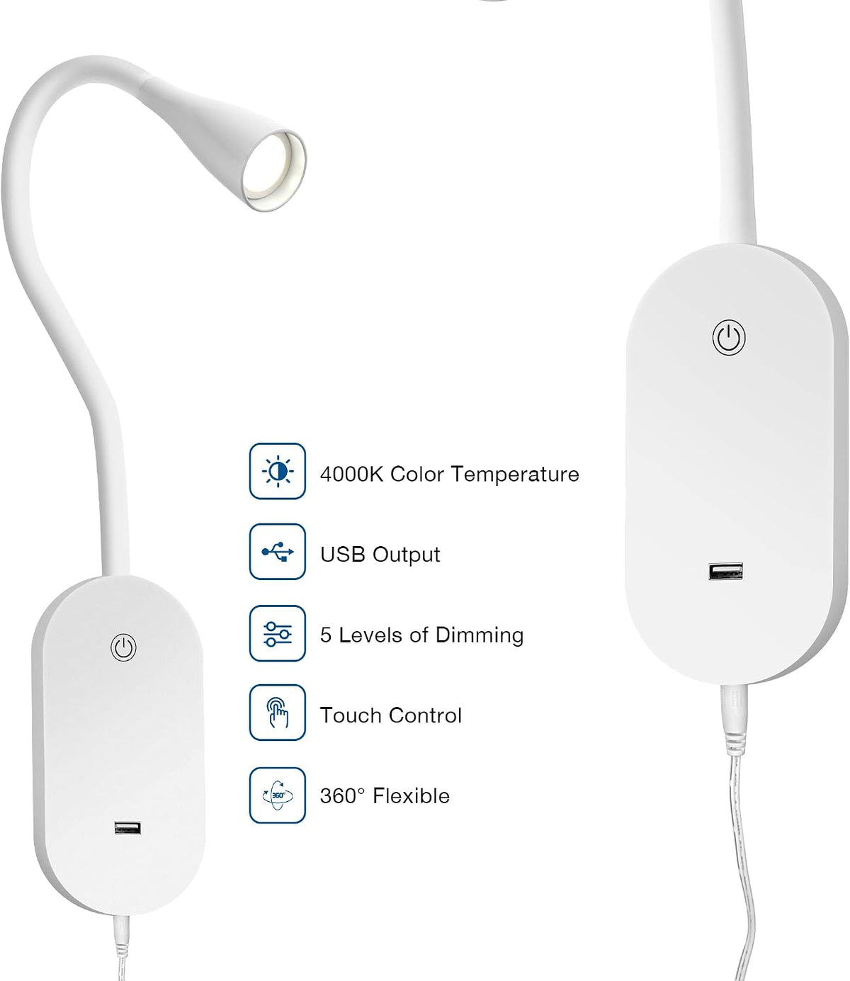 Wall Mount Reading Light, Focused Book Light for Reading in Bed, 5 Dimming, USB Output, 4 Hours Auto Off, Touch Control, Flexible Gooseneck Headboard Reading Lamp, Easy to Install White