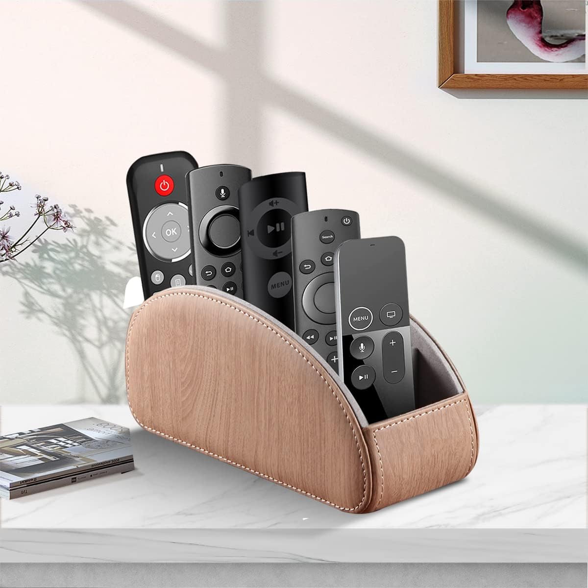 Pu Leather TV Remote Control Holder with 5 Compartments,Remote Caddy/Tray | Bedside Table Desk Storage Box/Organizer for Pen,DVD,Blu-Ray,Media Player,Heater Controller,Cosmetics,Glasses,Office Supplies