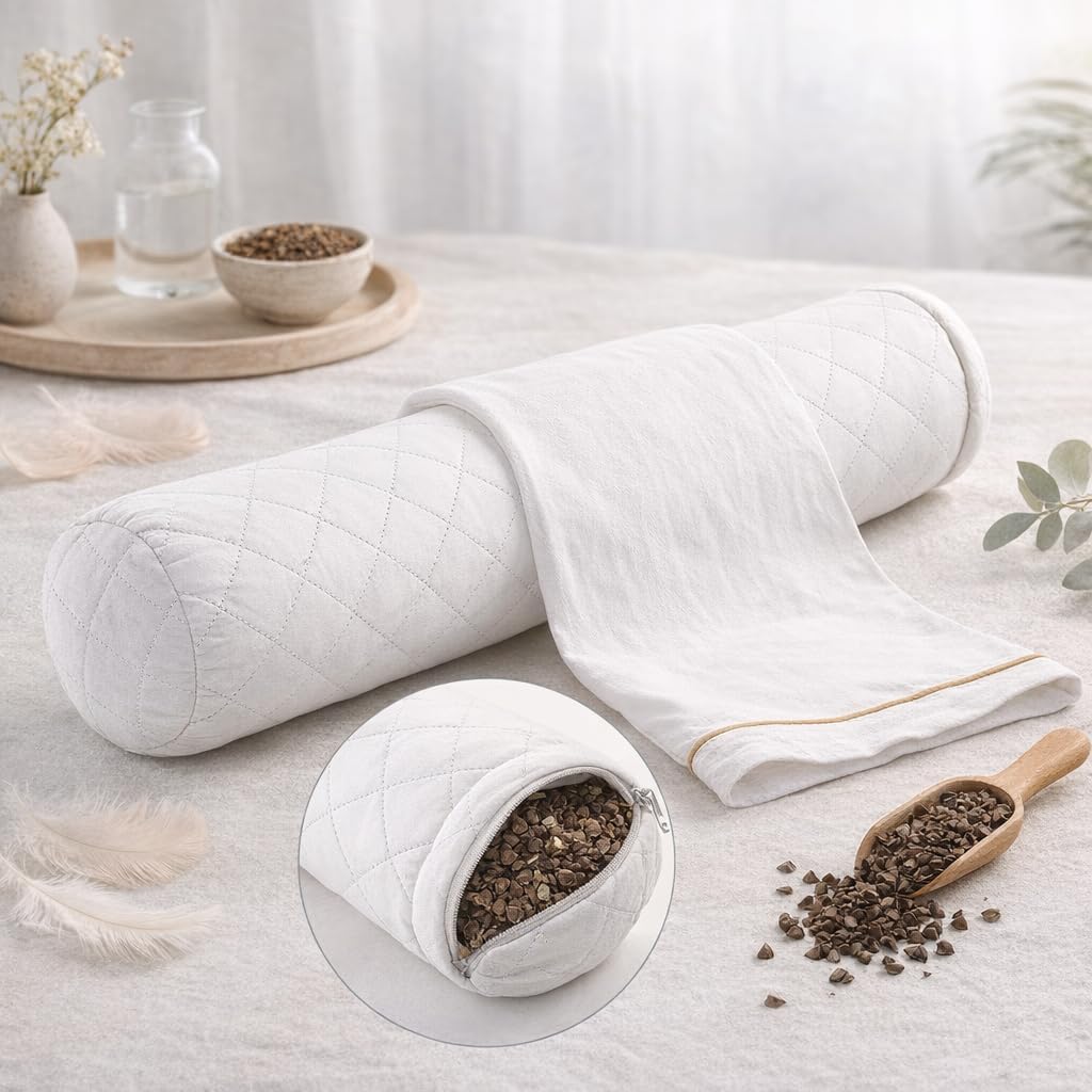 Buckwheat Pillow for Neck Pain, Organic Buckwheat Hull Neck Roll, Adjustable Cervical Support Bolster for Sleeping, 100% Cotton Cover, Breathable & Cooling (Standard Size, White)