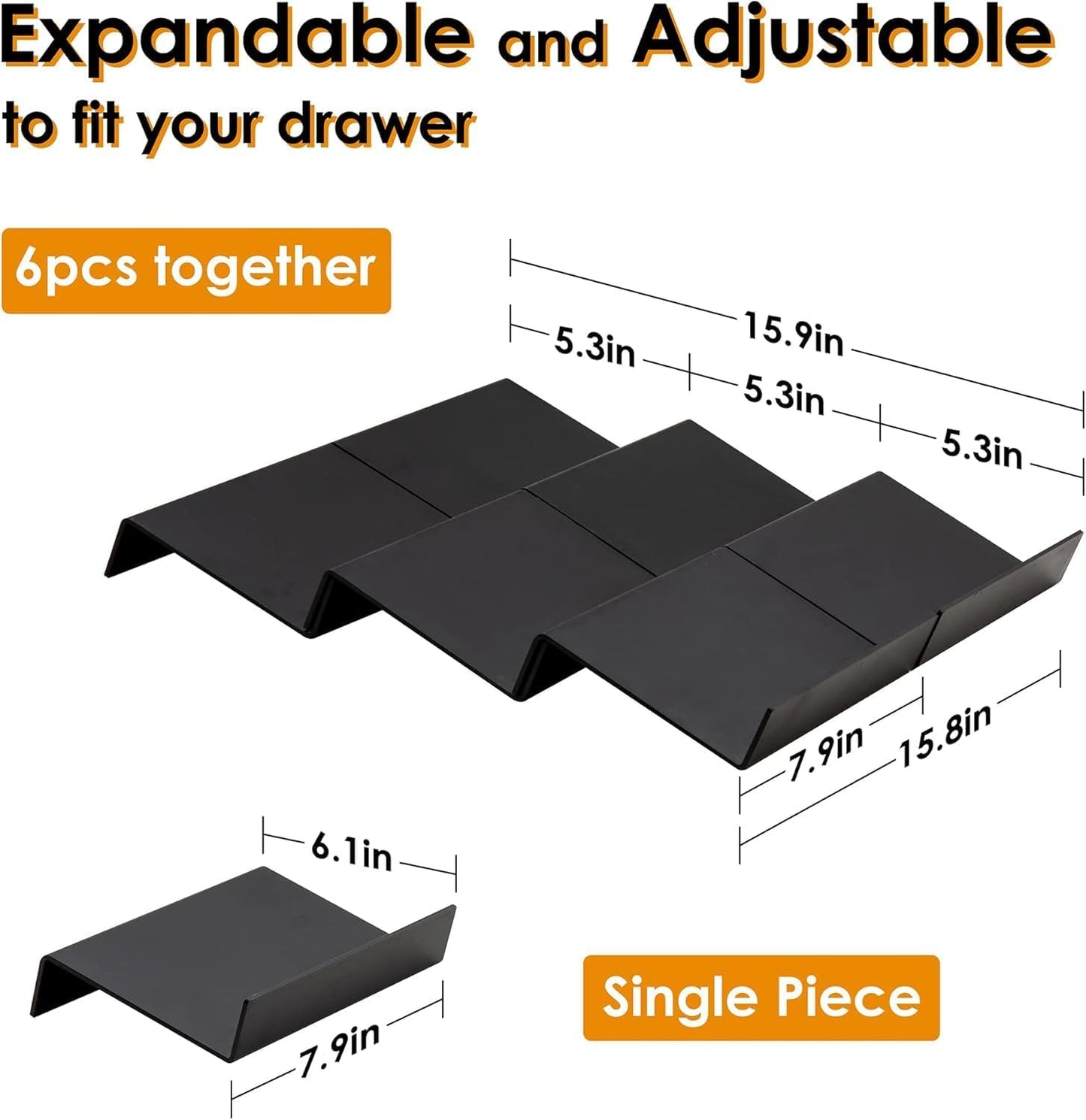 6PCS Expandable Spice Drawer Organizer Insert, Adjustable Tiered Countertop Tray for Spice Jars - Fits Kitchen Drawers (6, Black)