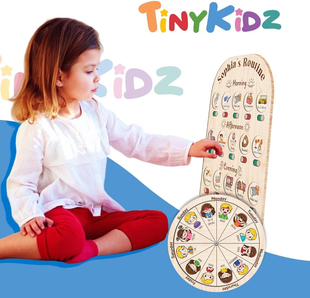 TinyKidz Wooden Daily Routine Chart 11x15, Schedule Board for Kids, Wooden Chore Chart for Kids, Responsibilities Chart for Toddlers, Morning Bedtime Routine for Toddlers